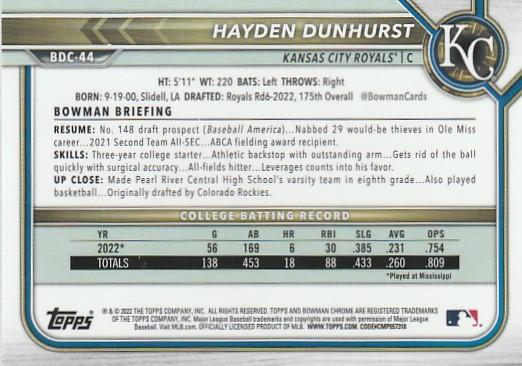 2022 Bowman Chrome Refractor Hayden Dunhurst BDC-44 Kansas City Royals