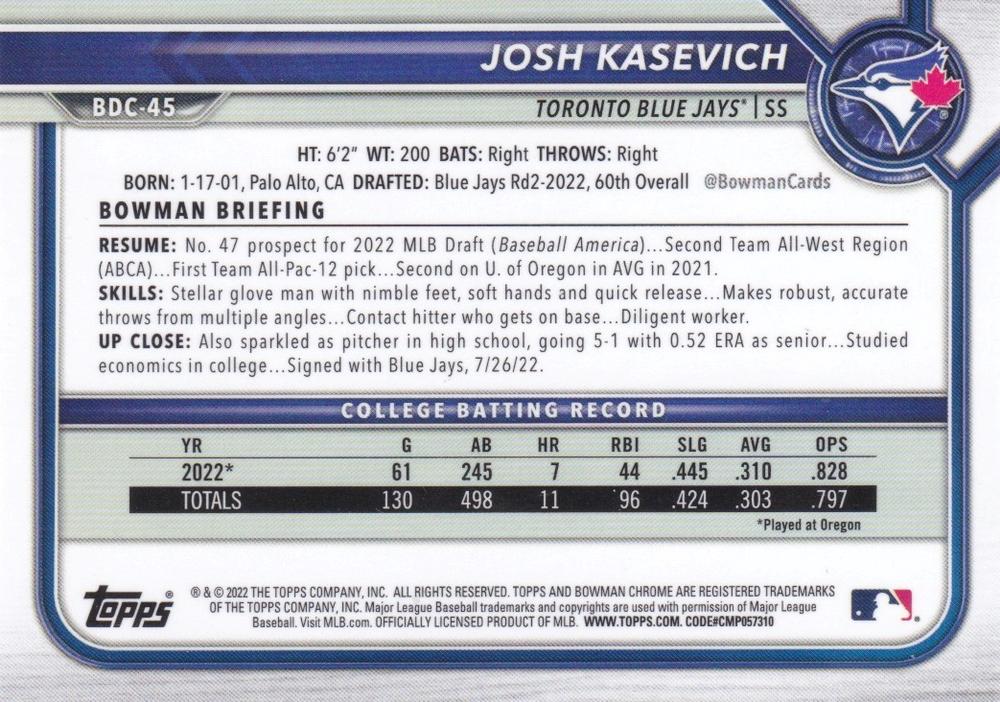 2022 Bowman Chrome Refractor Josh Kasevich BDC-45 Toronto Blue Jays