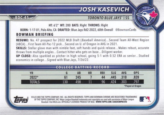 2022 Bowman Chrome Refractor Josh Kasevich BDC-45 Toronto Blue Jays