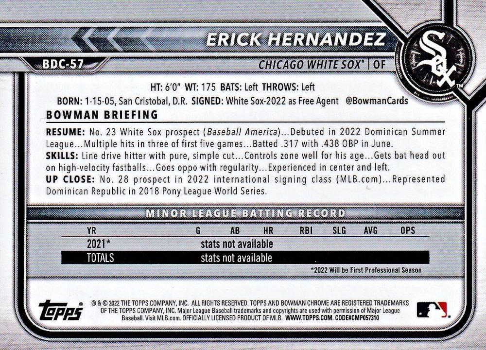 2022 Bowman Chrome Refractor Erick Hernandez BDC-57 Chicago White Sox