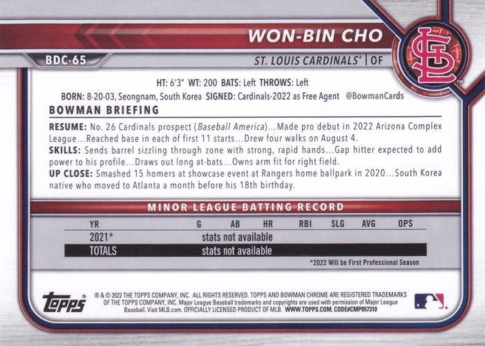 2022 Bowman Chrome Refractor Won-Bin Cho BDC-65 St. Louis Cardinals