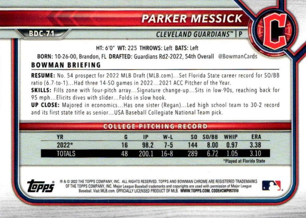 2022 Bowman Chrome Refractor Parker Messick BDC-71 Cleveland Guardians