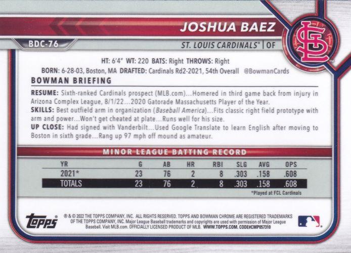 2022 Bowman Chrome Refractor Joshua Baez BDC-76 St. Louis Cardinals
