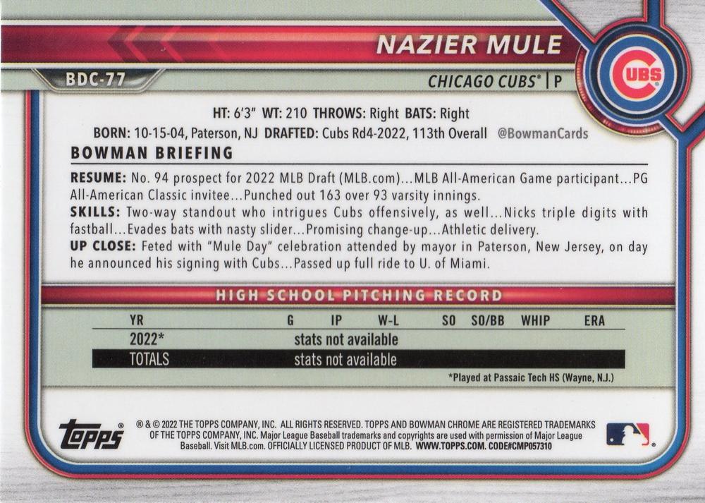 2022 Bowman Chrome Refractor Nazier Mule BDC-77 Chicago Cubs