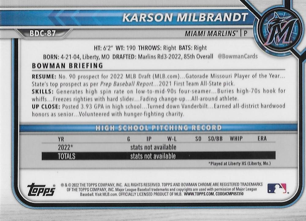 2022 Bowman Chrome Refractor Karson Milbrandt BDC-87 Miami Marlins