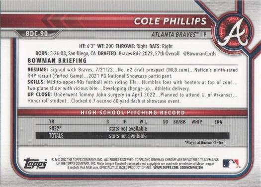 2022 Bowman Chrome Refractor Cole Phillips BDC-90 Atlanta Braves