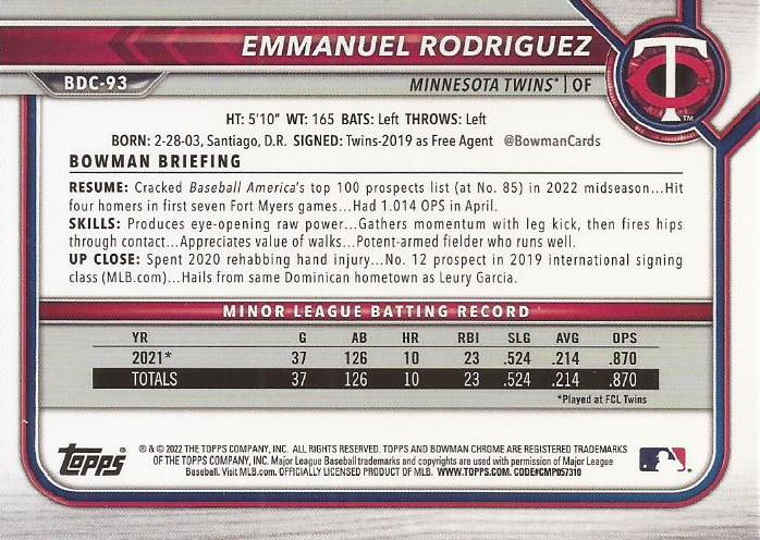 2022 Bowman Chrome Refractor Emmanuel Rodriguez BDC-93 Minnesota Twins