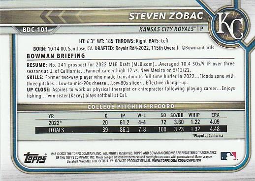 2022 Bowman Chrome Refractor Steven Zobac BDC-101 Kansas City Royals