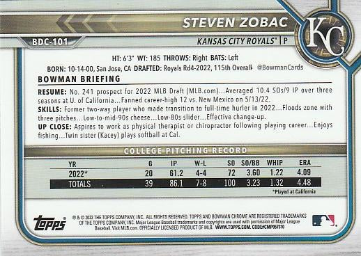 2022 Bowman Chrome Refractor Steven Zobac BDC-101 Kansas City Royals