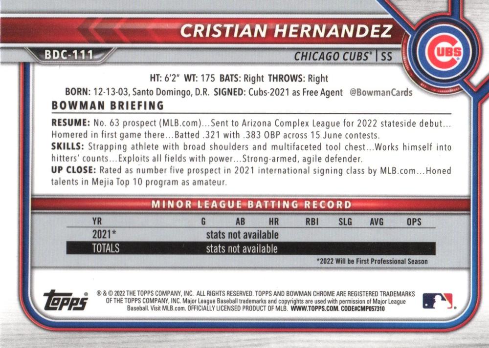 2022 Bowman Chrome Refractor Cristian Hernandez BDC-111 Chicago Cubs