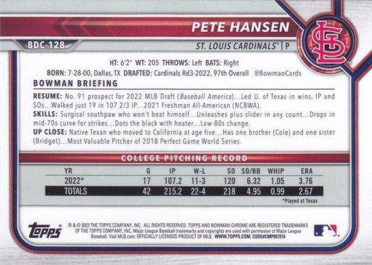 2022 Bowman Chrome Refractor Pete Hansen BDC-128 St. Louis Cardinals
