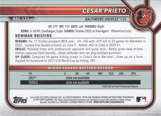 2022 Bowman Chrome Refractor Cesar Prieto BDC-133 Baltimore Orioles