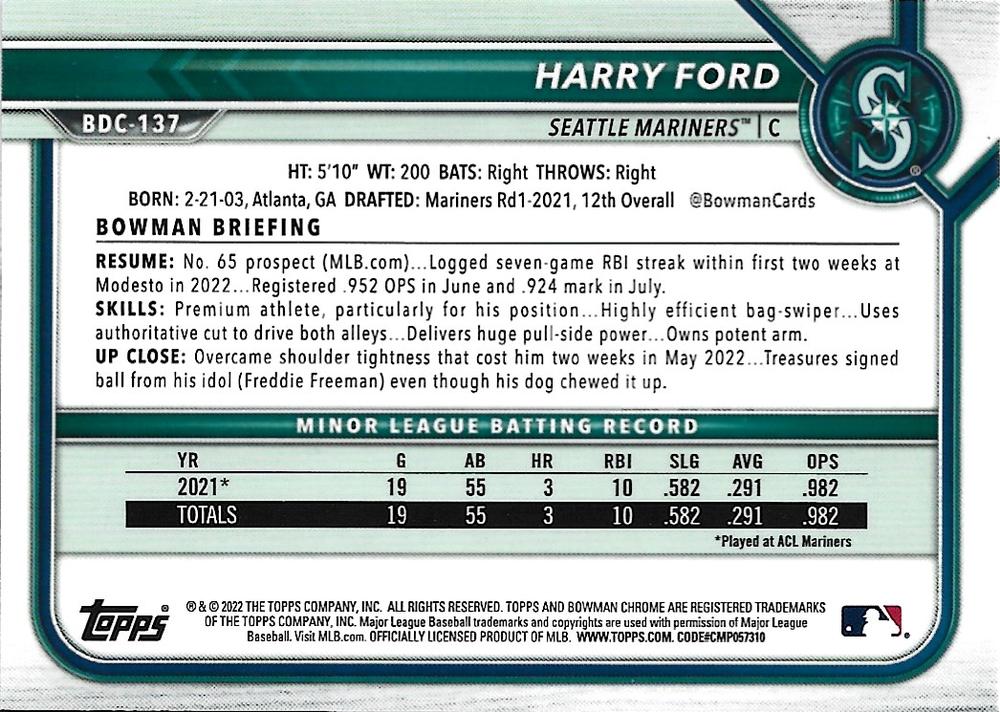 2022 Bowman Chrome Refractor Harry Ford BDC-137 Seattle Mariners