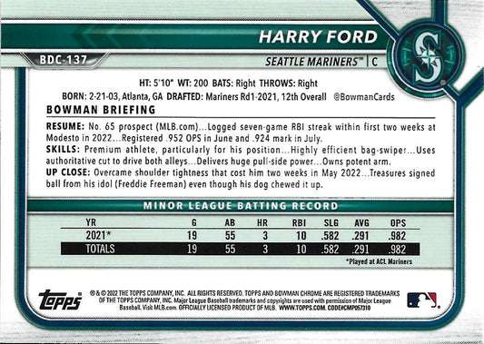 2022 Bowman Chrome Refractor Harry Ford BDC-137 Seattle Mariners