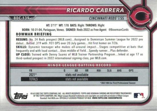2022 Bowman Chrome Refractor Ricardo Cabrera BDC-139 Cincinnati Reds