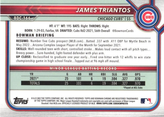 2022 Bowman Chrome Refractor James Triantos BDC-166 Chicago Cubs