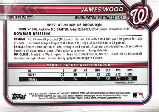 2022 Bowman Chrome Refractor James Wood BDC-171 Washington Nationals