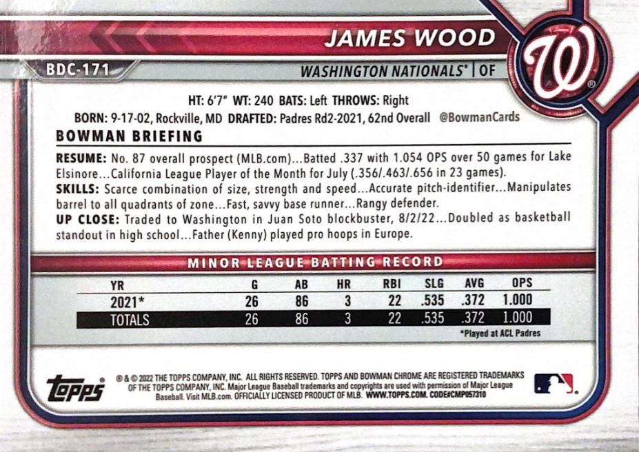 2022 Bowman Chrome Refractor James Wood BDC-171 Washington Nationals