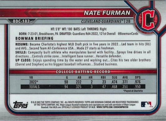 2022 Bowman Chrome Refractor Nate Furman BDC-182 Cleveland Guardians