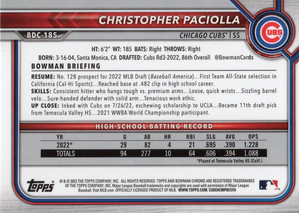 2022 Bowman Chrome Refractor Christopher Paciolla BDC-185 Chicago Cubs