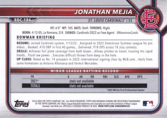 2022 Bowman Chrome Refractor Jonathan Mejia BDC-186 St. Louis Cardinals