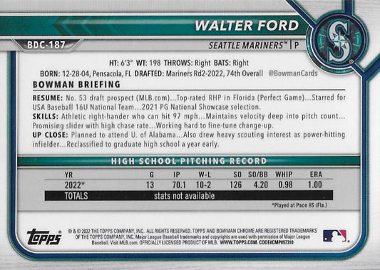 2022 Bowman Chrome Refractor Walter Ford BDC-187 Seattle Mariners