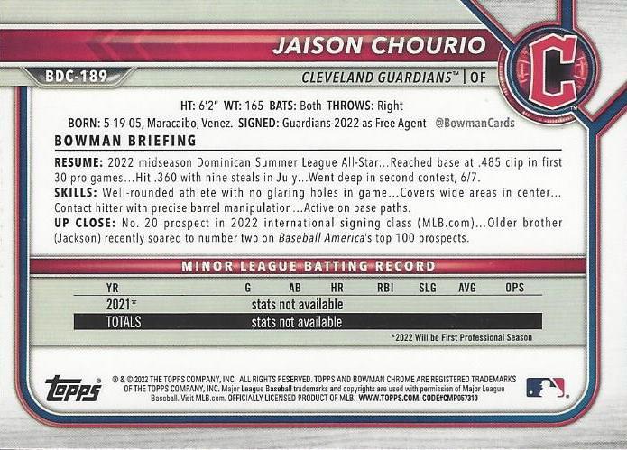 2022 Bowman Chrome Refractor Jaison Chourio BDC-189 Cleveland Guardians