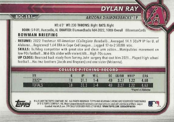 2022 Bowman Chrome Refractor Dylan Ray BDC-191 Arizona Diamondbacks