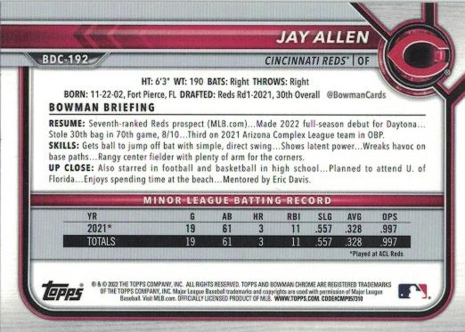 2022 Bowman Chrome Refractor Jay Allen BDC-192 Cincinnati Reds