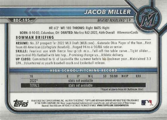2022 Bowman Chrome Refractor Jacob Miller BDC-195 Miami Marlins