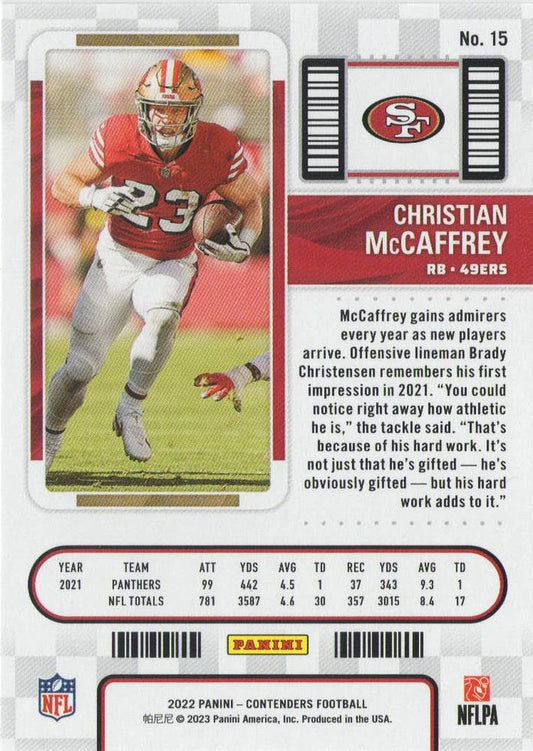2022 Panini Contenders Season Ticket Christian McCaffrey # 15 San Francisco 49ers