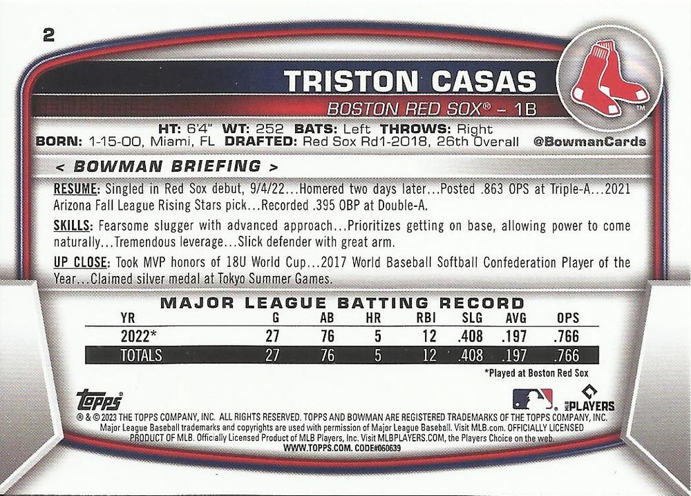 2023 Bowman Triston Casas RC #2 Boston Red Sox