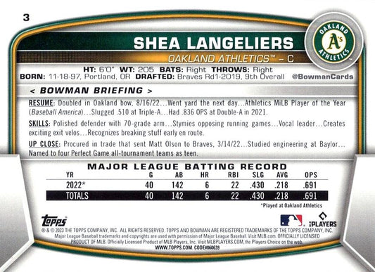 2023 Bowman Shea Langeliers RC #3 Oakland Athletics