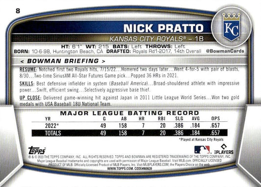 2023 Bowman Nick Pratto RC #8 Kansas City Royals