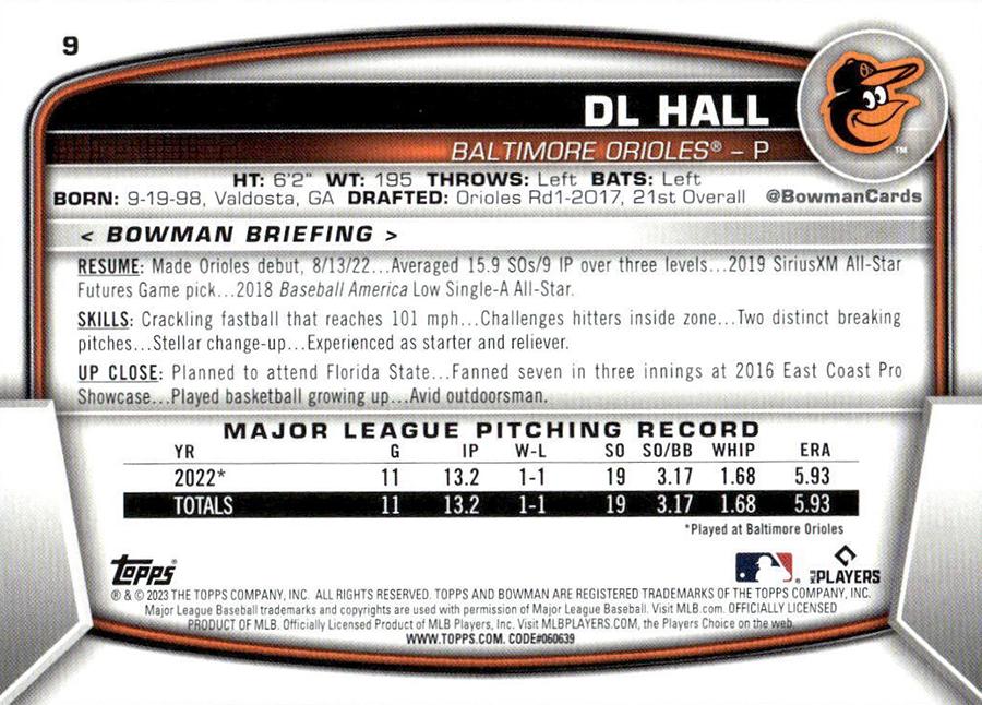2023 Bowman DL Hall RC #9 Baltimore Orioles