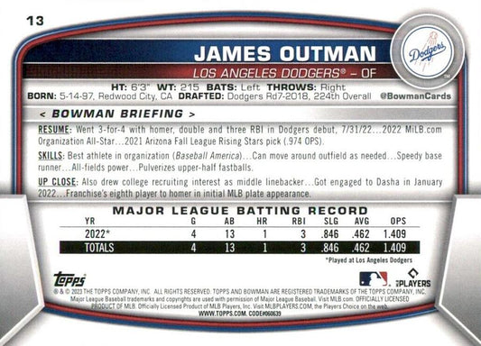 2023 Bowman James Outman RC #13 Los Angeles Dodgers