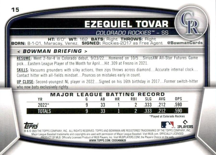 2023 Bowman Ezequiel Tovar RC #15 Colorado Rockies