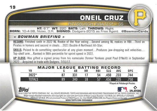 2023 Bowman Oneil Cruz #19 Pittsburgh Pirates
