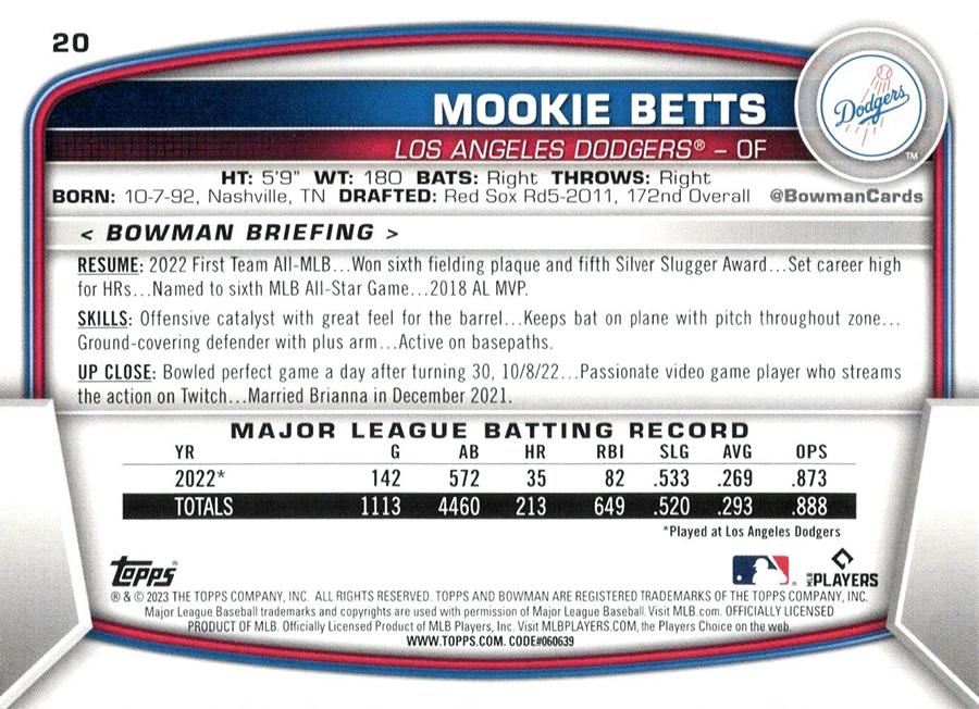 2023 Bowman Mookie Betts #20 Los Angeles Dodgers