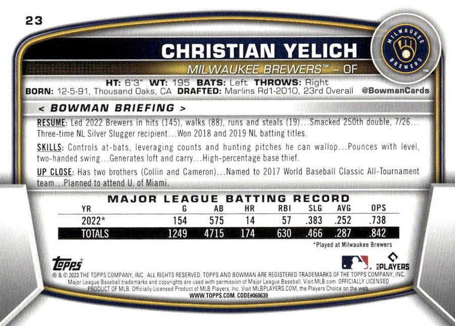 2023 Bowman Christian Yelich #23 Milwaukee Brewers