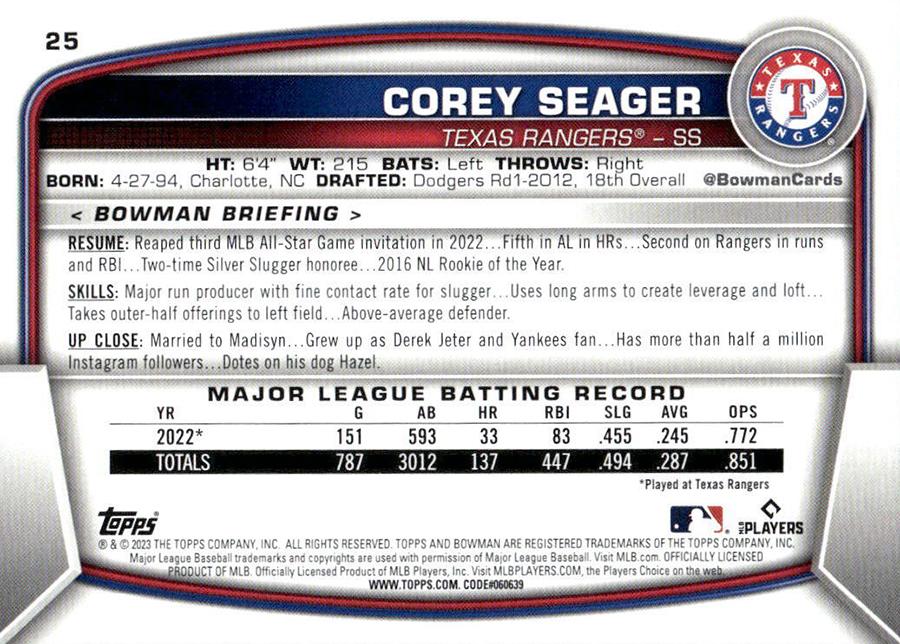 2023 Bowman Corey Seager #25 Texas Rangers