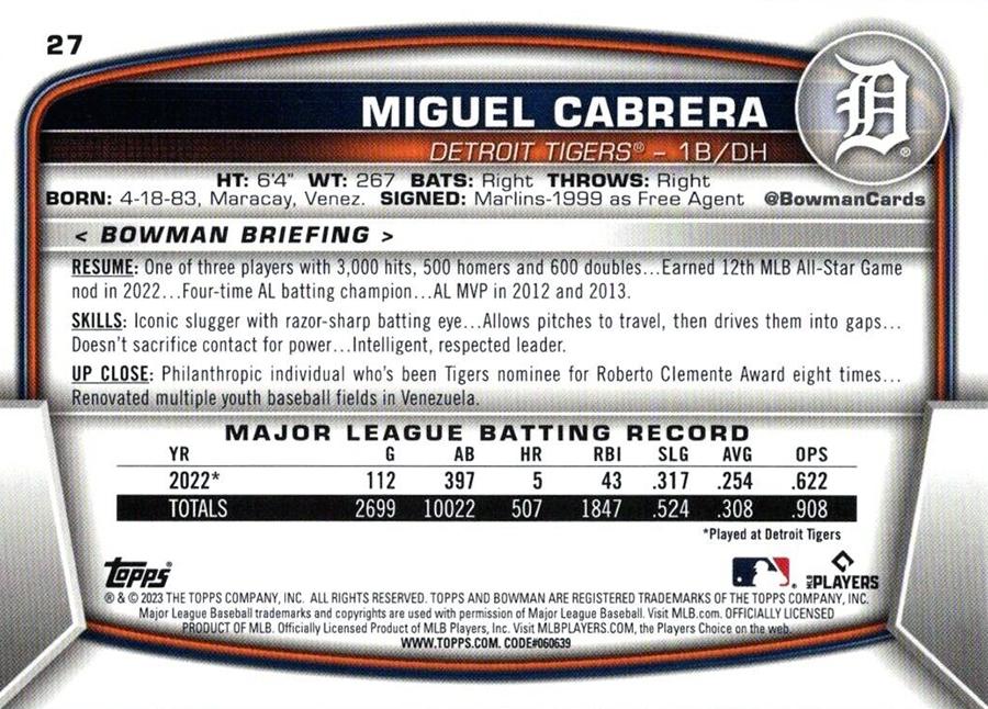 2023 Bowman Miguel Cabrera #27 Detroit Tigers