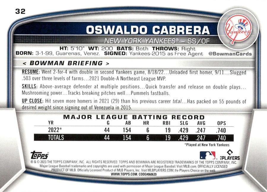 2023 Bowman Oswaldo Cabrera RC #32 New York Yankees