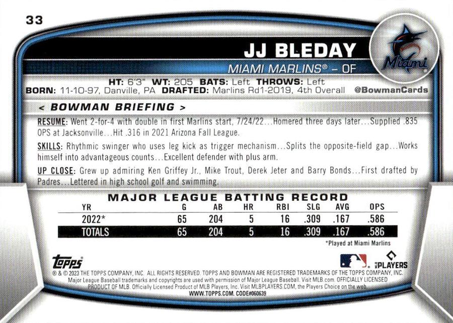 2023 Bowman JJ Bleday RC #33 Miami Marlins