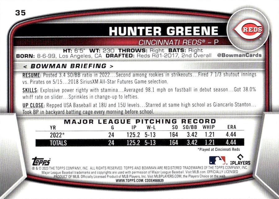 2023 Bowman Hunter Greene #35 Cincinnati Reds