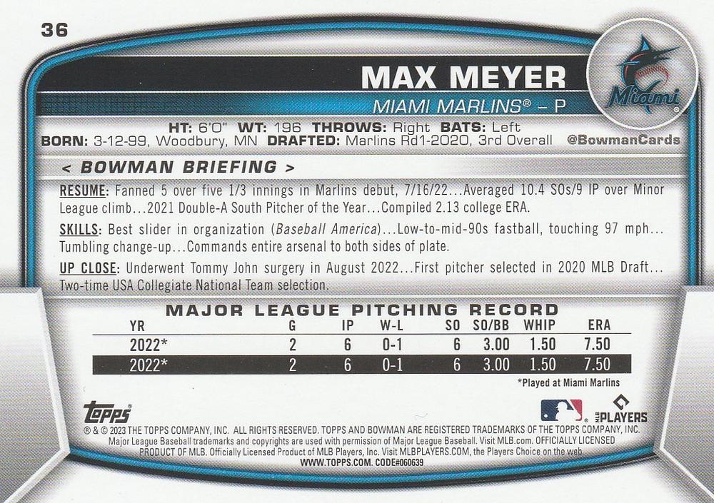 2023 Bowman Max Meyer RC #36 Miami Marlins