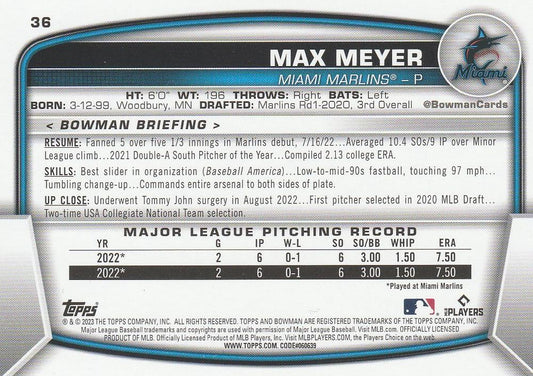 2023 Bowman Max Meyer RC #36 Miami Marlins