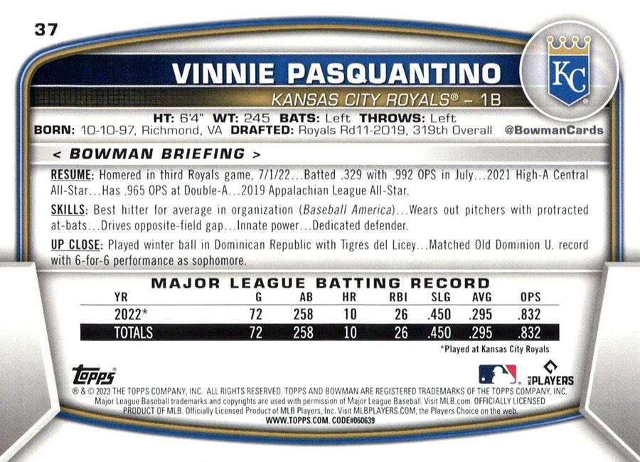 2023 Bowman Vinnie Pasquantino RC #37 Kansas City Royals