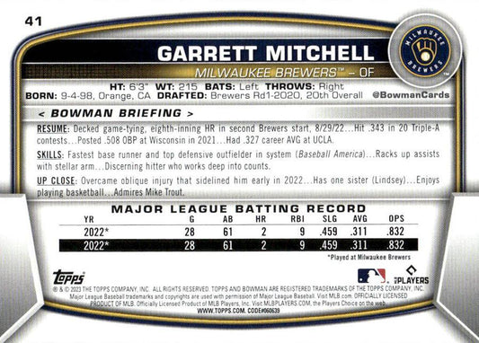 2023 Bowman Garrett Mitchell RC #41 Milwaukee Brewers