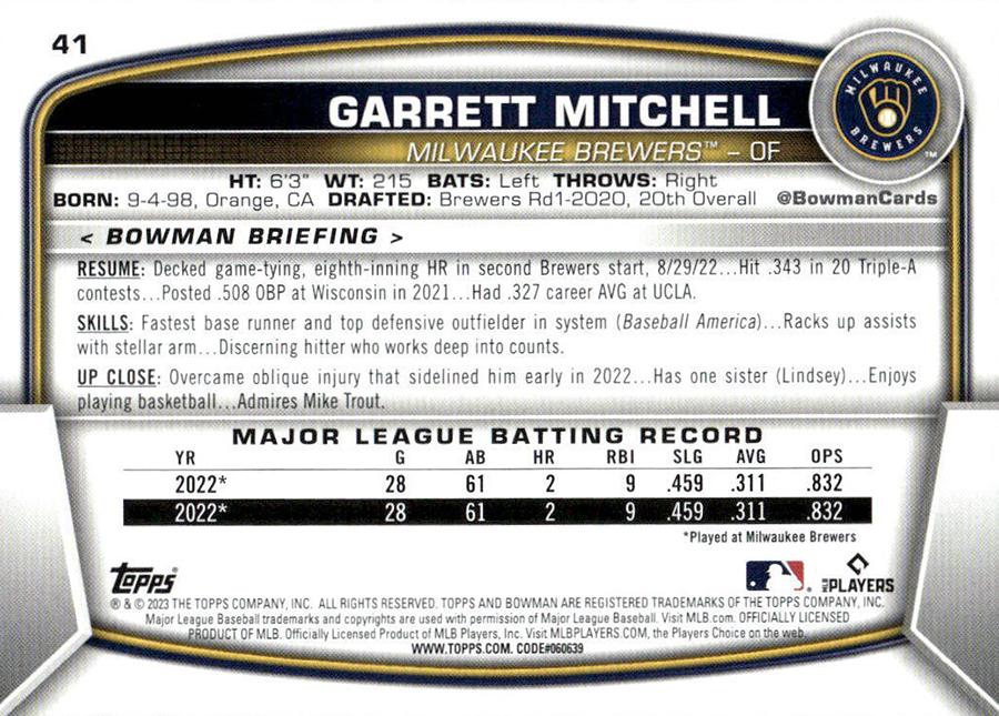 2023 Bowman Garrett Mitchell RC #41 Milwaukee Brewers